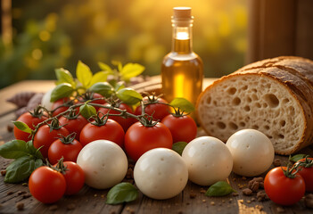 A close-up still life showcasing fresh mozzarella balls, plump cherry tomatoes, a loaf of rustic bread, and olive oil.