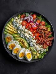 Colorful poke bowl with avocado cucumber tomato and rice on black background