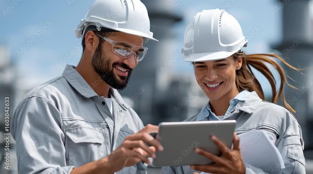 Poster two engineers share insights while reviewing plans on a tablet, demonstrating cooperation and proble