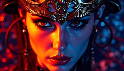 A striking female face as a graphic resource: close-up beauty in bright neon multi-colored lighting, fantastic and realistic at the same time, with an emphasis on the mesmerizing look of bottomless ey