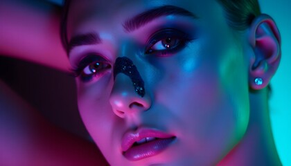 A striking female face as a graphic resource: close-up beauty in bright neon multi-colored lighting, fantastic and realistic at the same time, with an emphasis on the mesmerizing look of bottomless ey