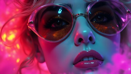 A striking female face as a graphic resource: close-up beauty in bright neon multi-colored lighting, fantastic and realistic at the same time, with an emphasis on the mesmerizing look of bottomless ey