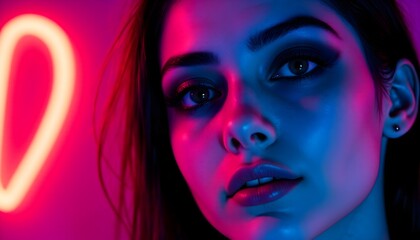A striking female face as a graphic resource: close-up beauty in bright neon multi-colored lighting, fantastic and realistic at the same time, with an emphasis on the mesmerizing look of bottomless ey
