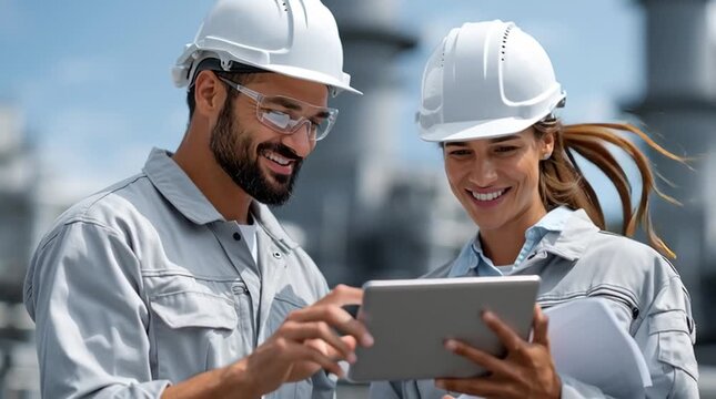 Two engineers share insights while reviewing plans on a tablet, demonstrating cooperation and problem-solving in their work environment