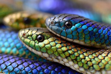 Obraz premium Vibrant blue and green scales of close-up iridescent snakes