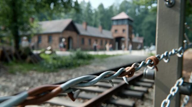 Barbed wire lines the railway tracks leading to an important historical site, evoking a sense of reflection and remembrance
