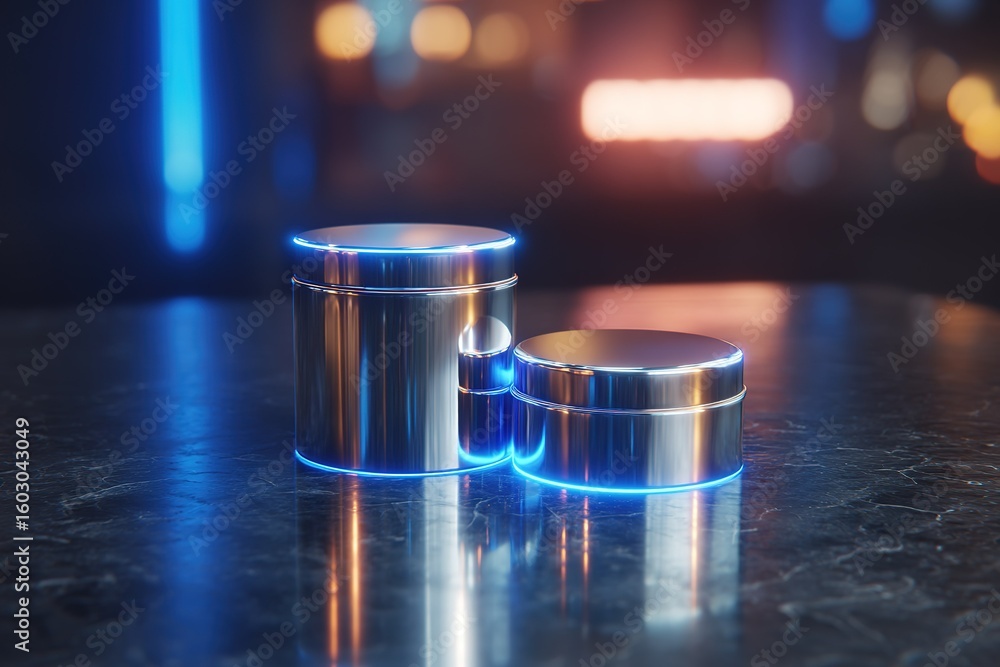Poster metallic containers with glowing edges illuminated on a dark surface in a modern setting during nigh