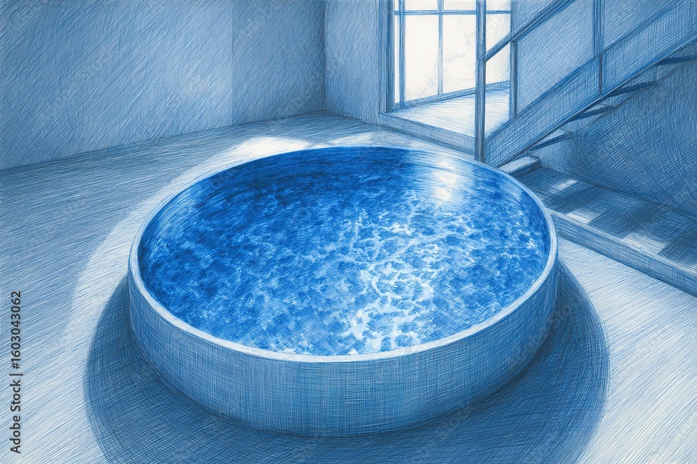 Poster round illuminated pool in a minimalistic interior space with sunlight streaming through the window