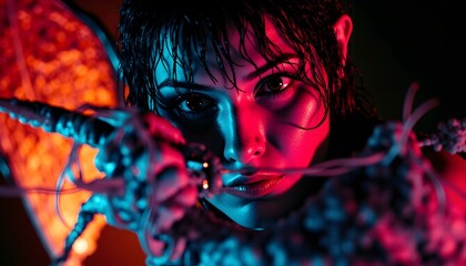 A striking female face as a graphic resource: close-up beauty in bright neon multi-colored lighting, fantastic and realistic at the same time, with an emphasis on the mesmerizing look of bottomless ey