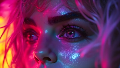 A striking female face as a graphic resource: close-up beauty in bright neon multi-colored lighting, fantastic and realistic at the same time, with an emphasis on the mesmerizing look of bottomless ey