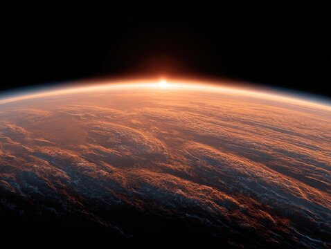 Sunrise over a planet with orange clouds