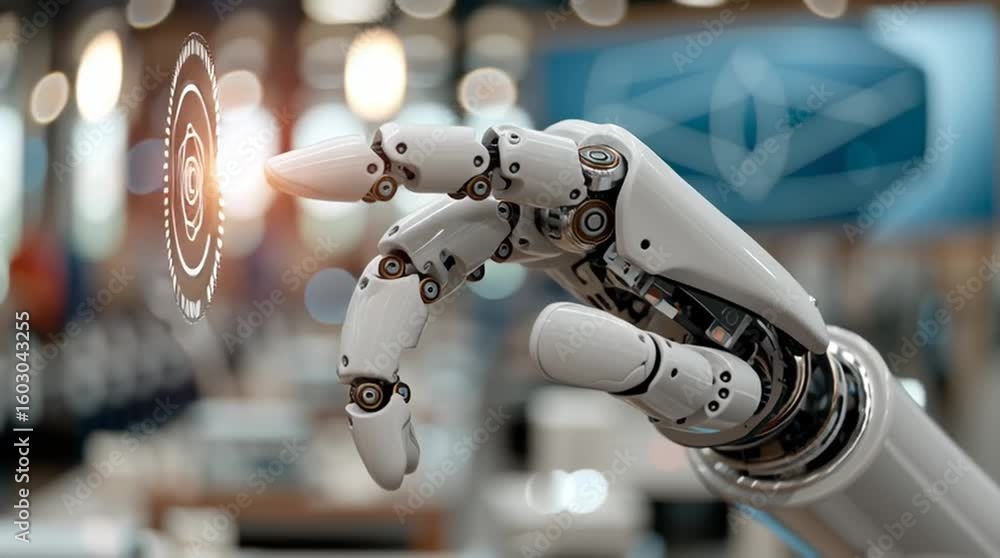 Poster a robotic hand engages with a holographic interface, demonstrating cutting-edge technology in automa
