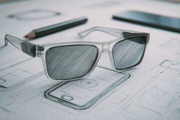 Sleek design concept with transparent sunglasses and smartphone sketches on a creative workspace
