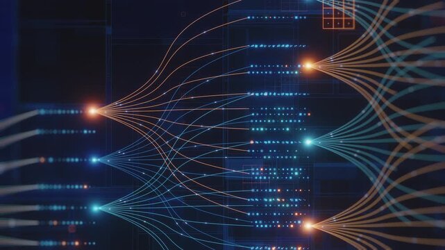 This dynamic background shows a futuristic representation of digital data processing and transfer across a vast, interconnected network, symbolizing big data analytics. - Powered by Adobe