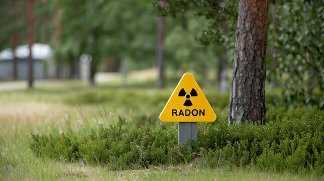 Warning sign alerts visitors to radon levels in a natural landscape, emphasizing the importance of safety measures for local communities