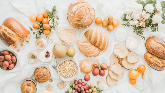 Fresh Food Display with Breads, Fruits, and Flowers on White Cloth