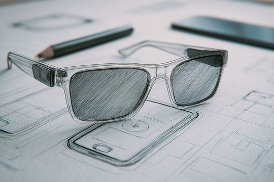 Sleek design concept with transparent sunglasses and smartphone sketches on a creative workspace