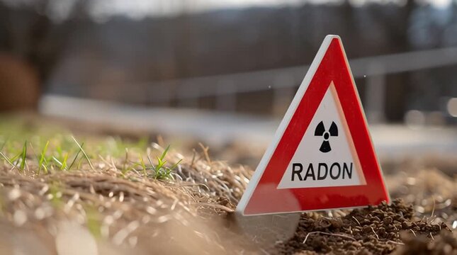 A caution sign alerts residents of radon risks in a grassy area, emphasizing the importance of safety and hazard awareness