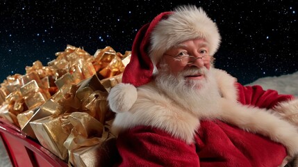 Obraz premium A man dressed as Santa Claus is sitting in a red wagon filled with presents
