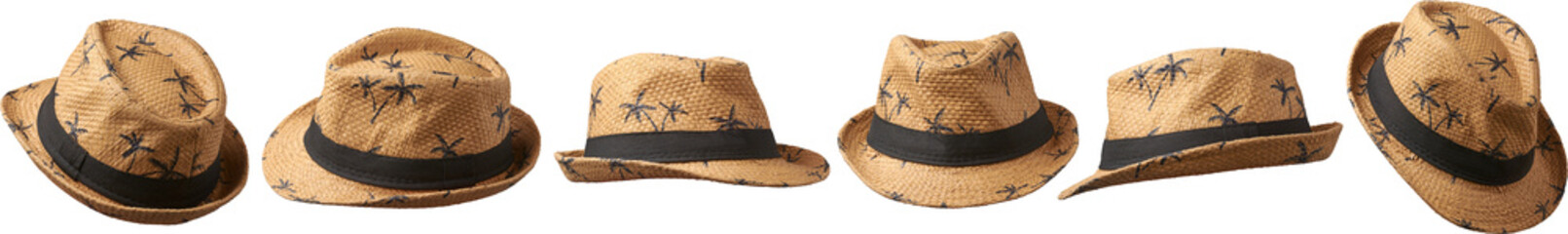 set of woven natural straw color fedora hat painted black silhouettes of palm trees and black band isolated white background, tropical beach vacation concept