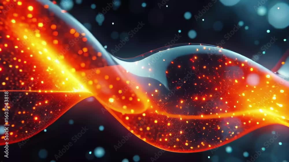 Poster dynamic wave of glowing particles illustrates energy flow in abstract design