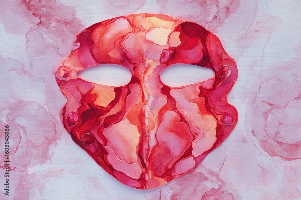 Aufkleber artistic creation of a red abstract mask on a textured pink background representing emotion and cult