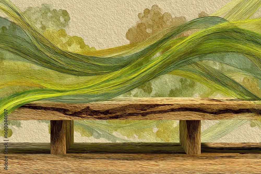Poster colorful abstract design with flowing green waves on a textured background featuring natural element