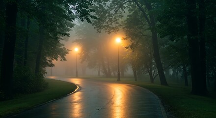 Rainy Park Pathway with Glowing Vintage Street Lamps, Wet Reflections, and Misty Trees in Quiet Early Morning