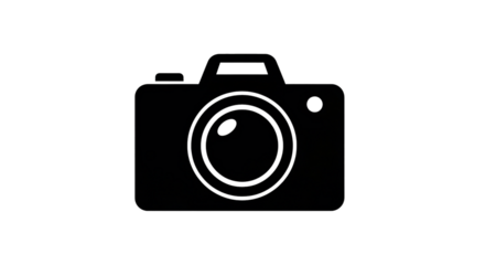 A simple, black and white icon depicting a classic photographic camera.