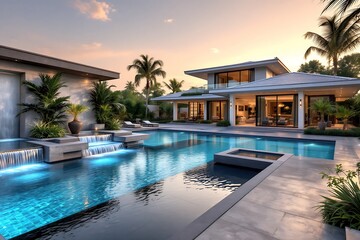 Fototapeta premium Luxury Home with Swimming Pool at Sunset Outdoors
