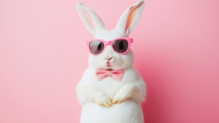 Obraz premium Funny white rabbit wearing pink sunglasses and bow tie with crossed arms posing confidently against pastel background, humorous animal portrait with attitude and stylish expression