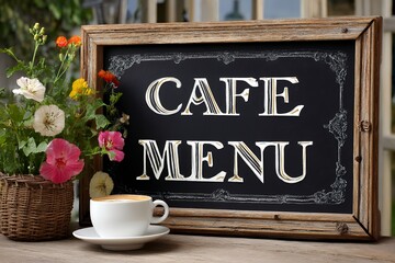 Chalkboard cafe menu with flowers and coffee cup on wooden table