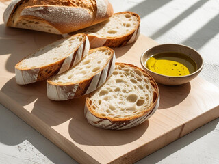 Flatlay of artisanal sourdough bread slices with olive oil dip in a small bowl, set on light wooden board. Natural shadows and rustic clean background.