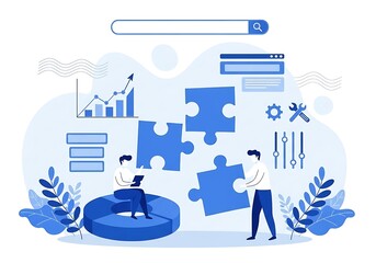 A Team Assembles Puzzle Pieces Surrounded By Search Bars, Data Charts, And Settings Icons, Digital Marketing Strategy, SEO Solutions