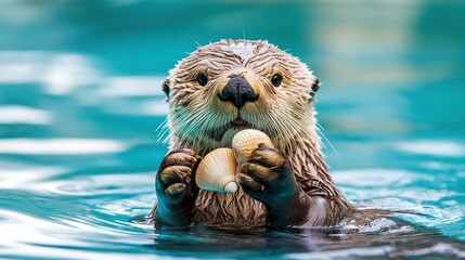 Detailed shot of a sea otter's dexterous paws holding a clam, focused