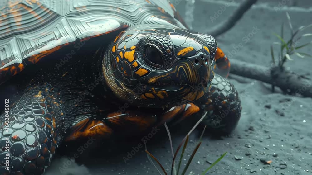 Poster turtle emerges from mist with vibrant shell details during a mystical forest encounter