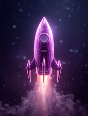 Glossy purple rocket hovering amid snowfall with fiery exhaust, digital art