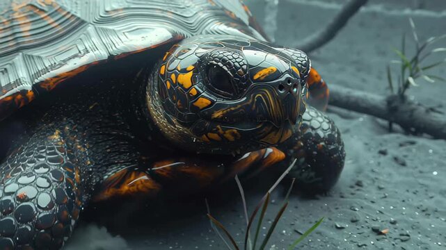 Turtle emerges from mist with vibrant shell details during a mystical forest encounter