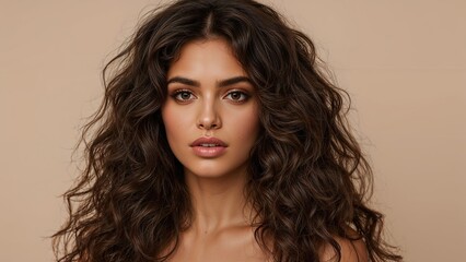 Concepto de cuidado del cabello y cosméticos con una hermosa mujer de pelo largo y desordenado, con un brillo saludable y gran volumen.
