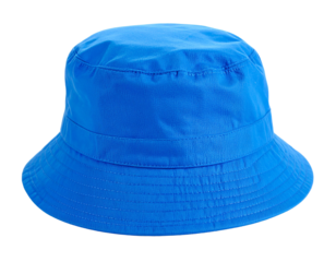 Bright blue bucket hat with a wide brim isolated on a white background, angled view.