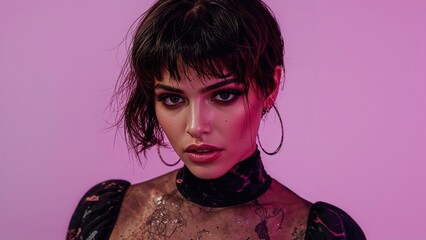 Primer plano de una mujer poderosa y segura de sí misma con penetrantes ojos oscuros y piel perfecta, iluminada por una luz roja y un fondo magenta vibrante.