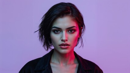 Retrato de estilo cyberpunk de una mujer joven y moderna con pelo corto y oscuro, iluminada por luces de neón rosa y morado, mirando a la cámara con una expresión intensa.