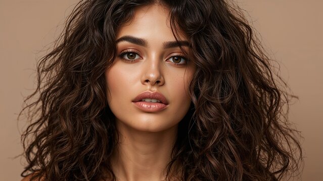 Retrato frontal de una mujer joven y empoderada celebrando la belleza aut&eacute;ntica, con pelo natural y voluminoso y una mirada directa y sincera llena de confianza.