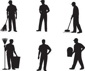 Street Cleaner Silhouette Collection Janitor Worker Black and White Vector Illustration