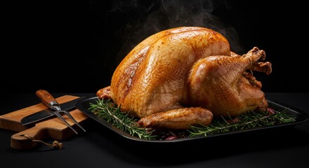 Golden Roasted Turkey with Rosemary and Garlic on Black Tray, Dark Background
