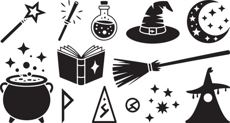 Enchanting Witchcraft Elements Collection Silhouette Style Isolated on Transparent Background