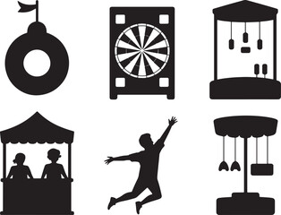 Fairground Games Silhouette Collection Funfair Attractions Black and White Vector Art