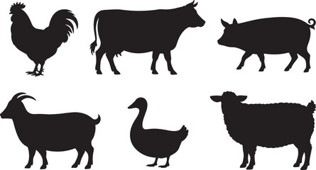 Farm Animals Silhouettes Collection Isolated on Transparent Background Vector Illustration
