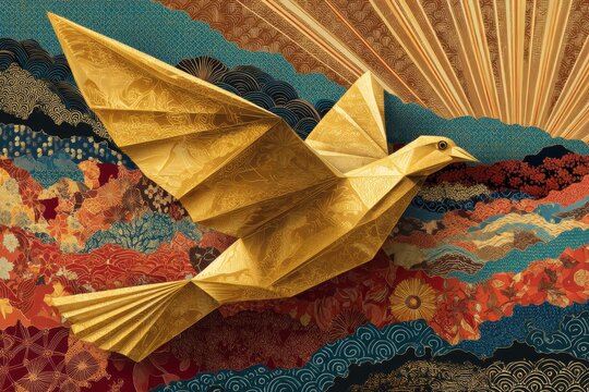 Peace dove made of golden origami flying over stylized Southeast Asia map, sun rays shining from behind, traditional batik and red silk patterns on terrain, clean vector style.