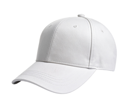 Plain white snapback cap with a flat brim isolated on a white background, angled.